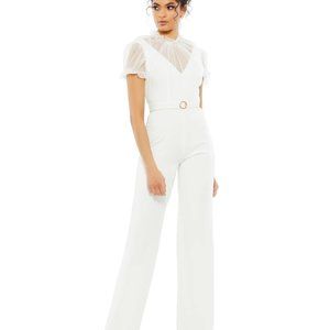 Mac Duggal 26621‎ White Belted Illusion High Neck Cap Sleeve Jumpsuit Size 2